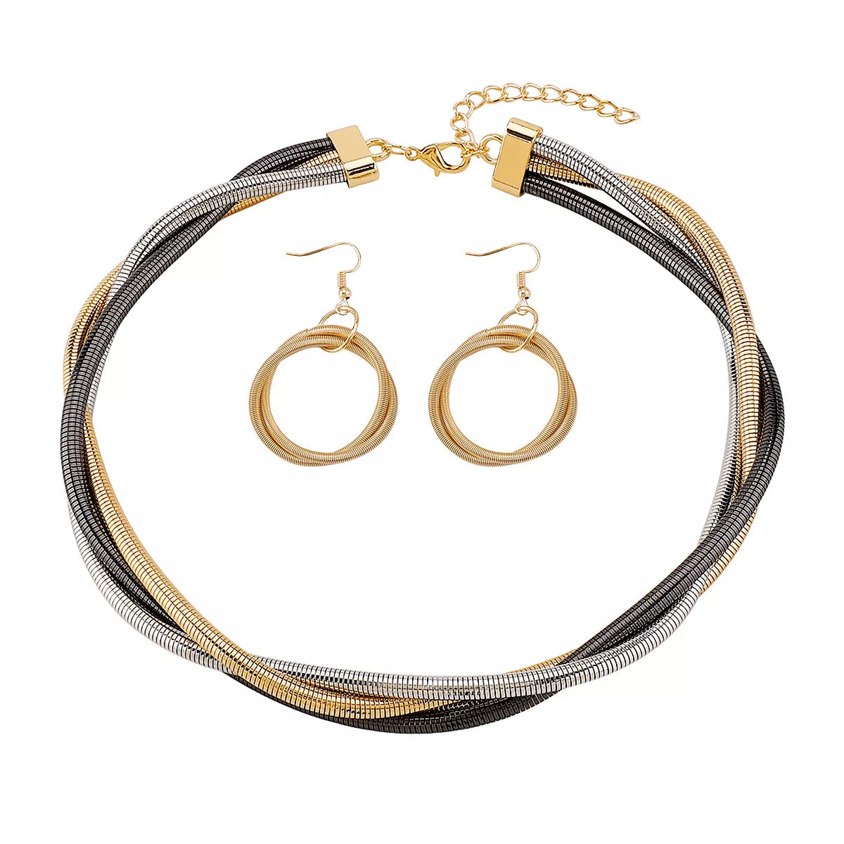 Twisted Metal Earring and Necklace Jewelry Set in Gold and Silver Bands | Rebellious Gal Jewelry Set