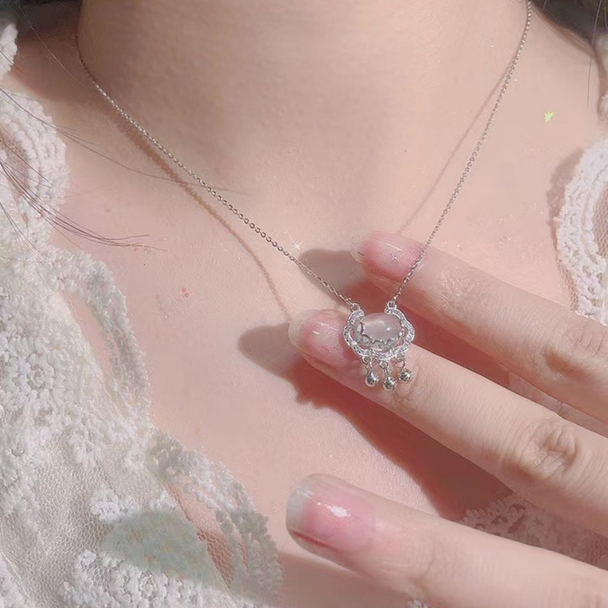 Side profile of auspicious lock necklace showing 15.7" chain and 2" extension