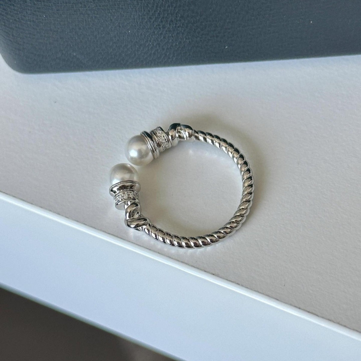 Pearl open cuff ring sterling silver minimalist design