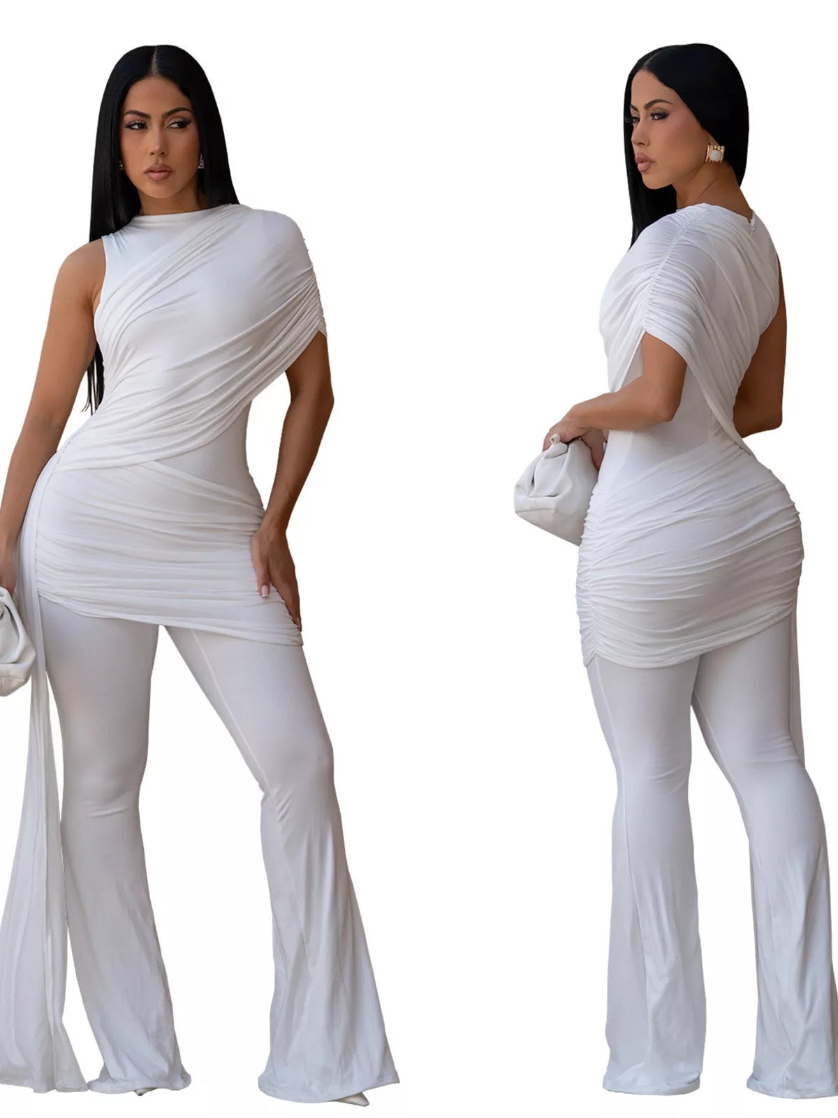 Woman wearing a white outfit with a draped design, shown from front and side views.