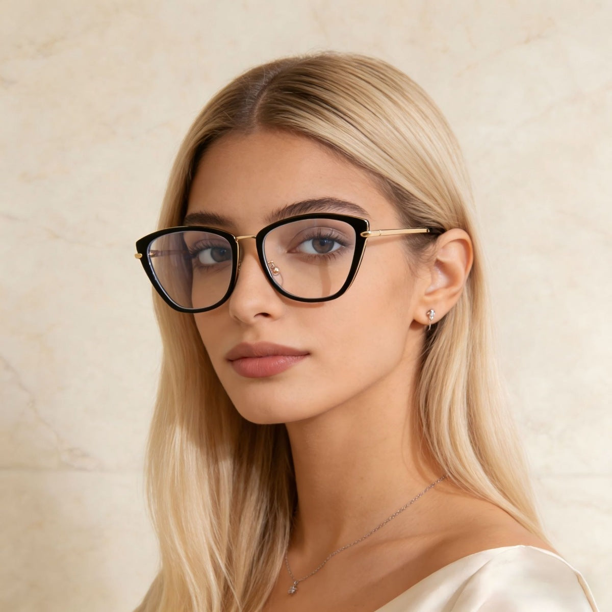 Cat-eye glasses with sleek metal frame design