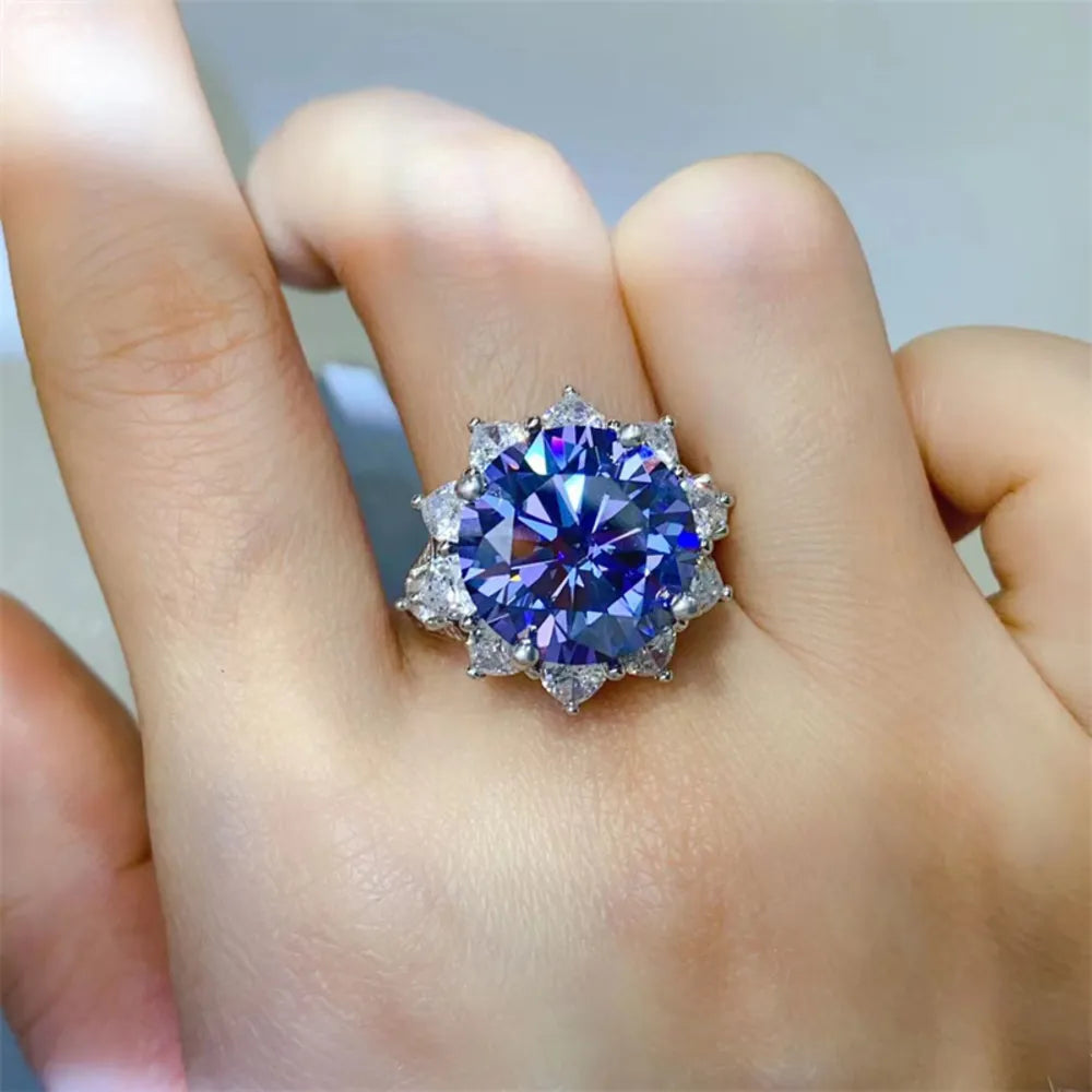 10 Carat Deep Blue Moissanite 925 Silver Luxury Ring On Model Finger | Rebellious Gal Jewelry 