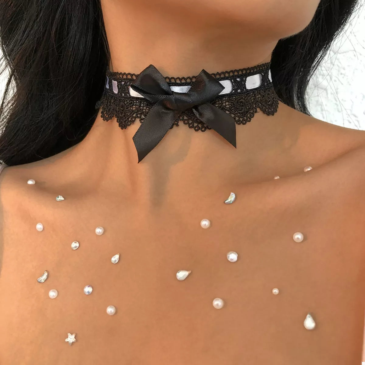 Lace Black Bow Tie - Black and White Choker Necklace - Rebellious Gal