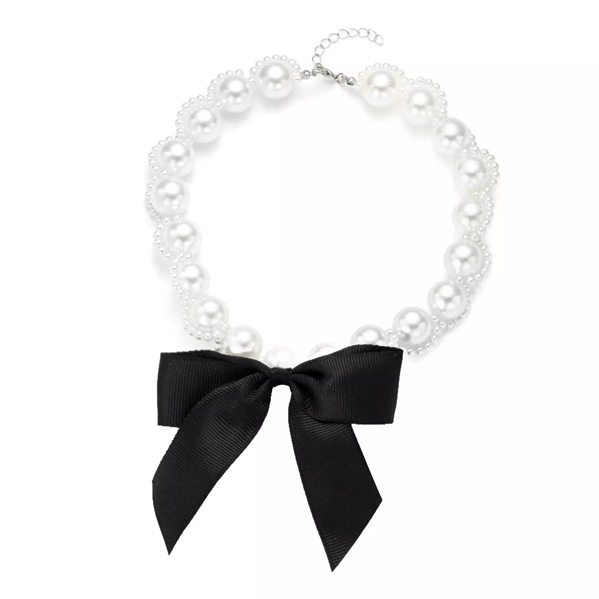 Black Bowtie Choker Necklace With Pearls - Flat Surface Top View - Rebellious Gal Jewelry