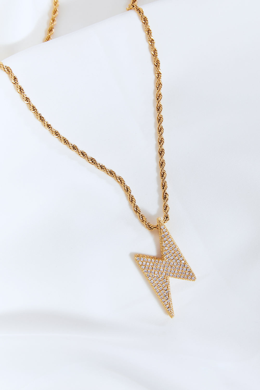Diamante Encrusted Brass Lightning Pendant Necklace - On White Background - Rebellious Gal Jewelry