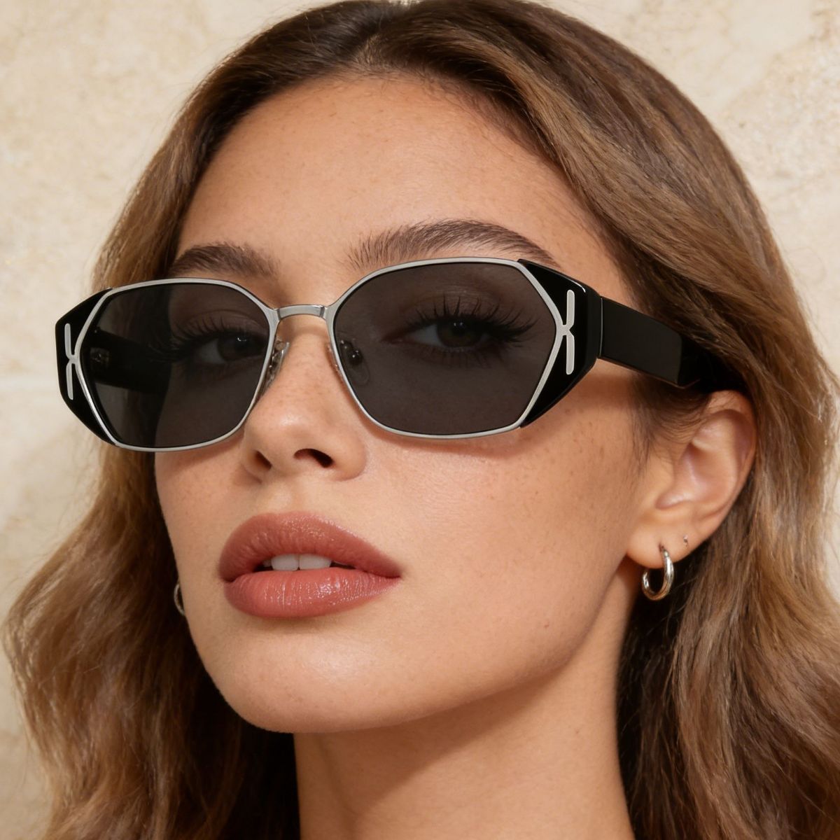 Close-up of angular polycarbonate frame and UV400 protected lenses