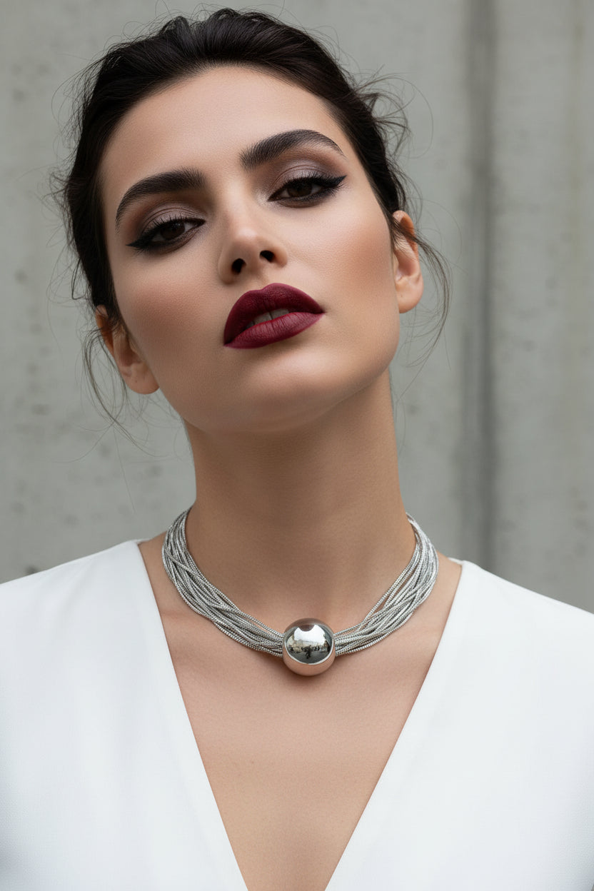 Silver necklace with a large round pendant worn by a person in a white outfit.