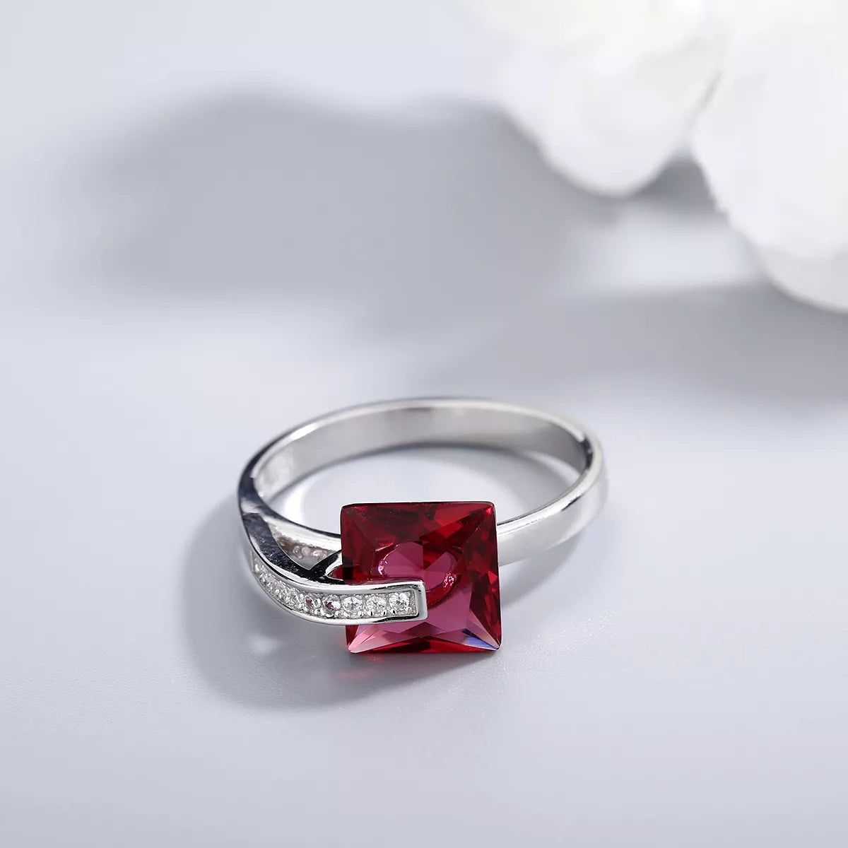 Rebellious Gal square zircon ring platinum plated 925 sterling silver on white background