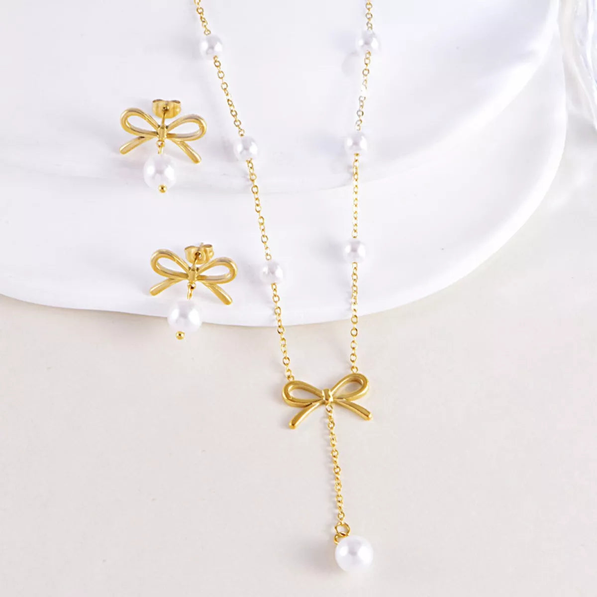 Gold Plated Bowknot Earring and Necklace Set with Pearls - Rebellious Gal