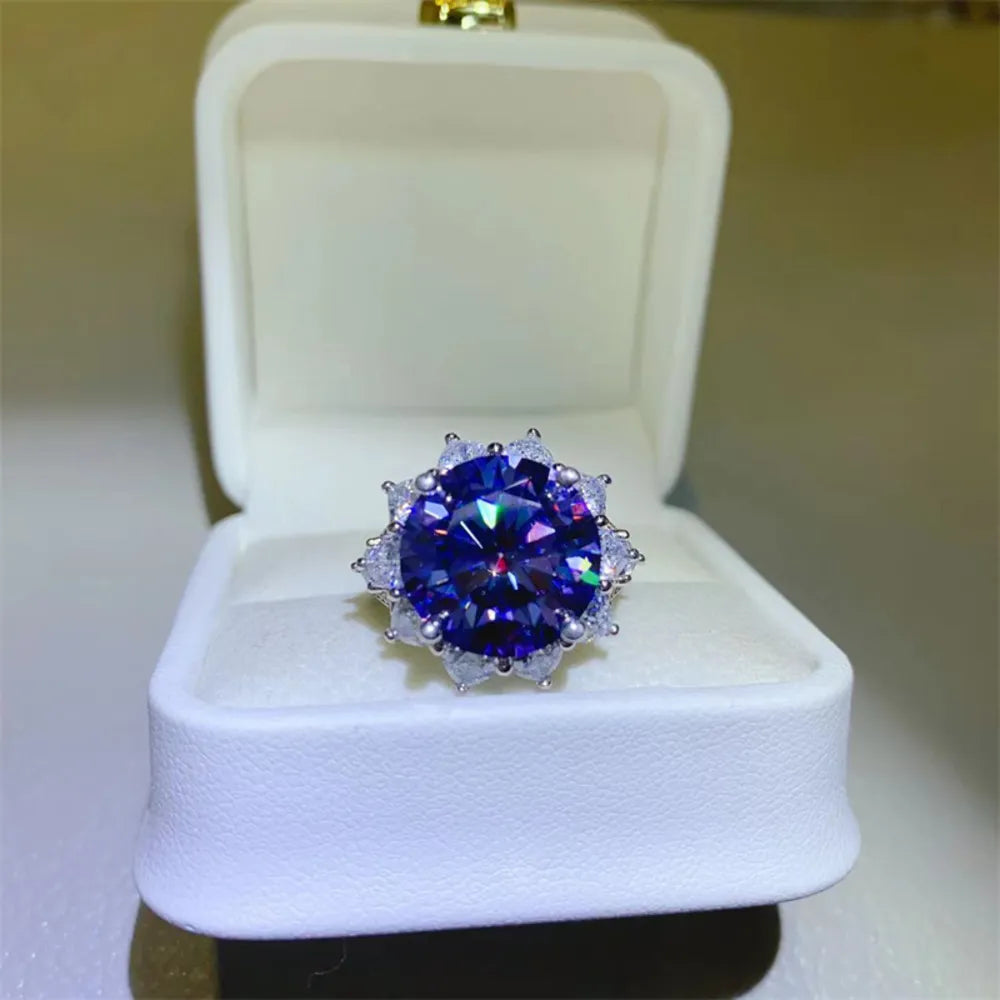 10 Carat Deep Blue Moissanite 925 Silver Luxury Ring in White Display Box | Rebellious Gal Jewelry 