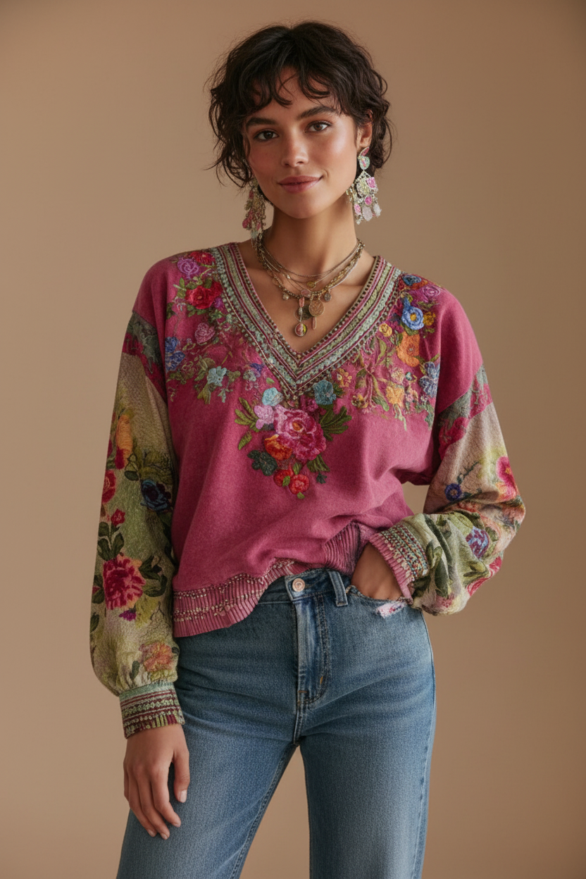 Woman wearing a colorful floral blouse and jeans against a beige background