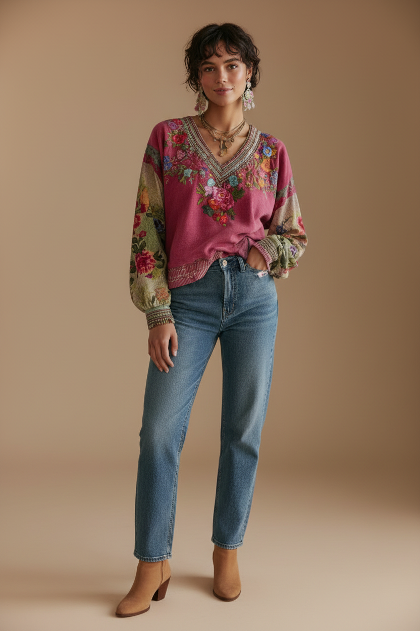 Plus Size Floral V-Neck Blouse