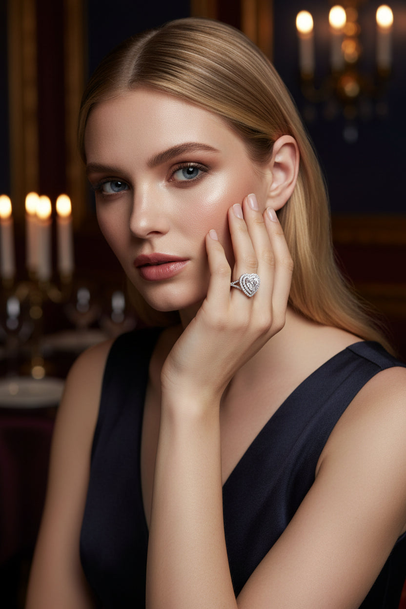 Silver ring with a heart-shaped diamond on models  finger