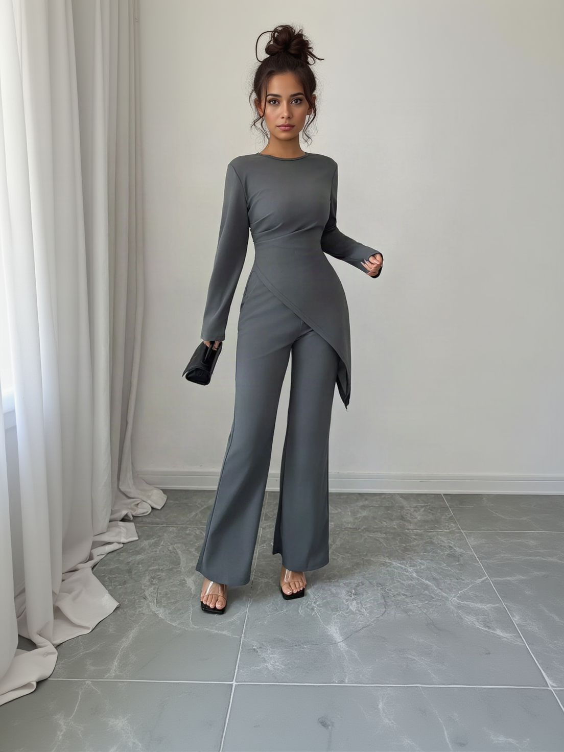 Asymmetric Long Sleeve Top and Pants Set - view 2