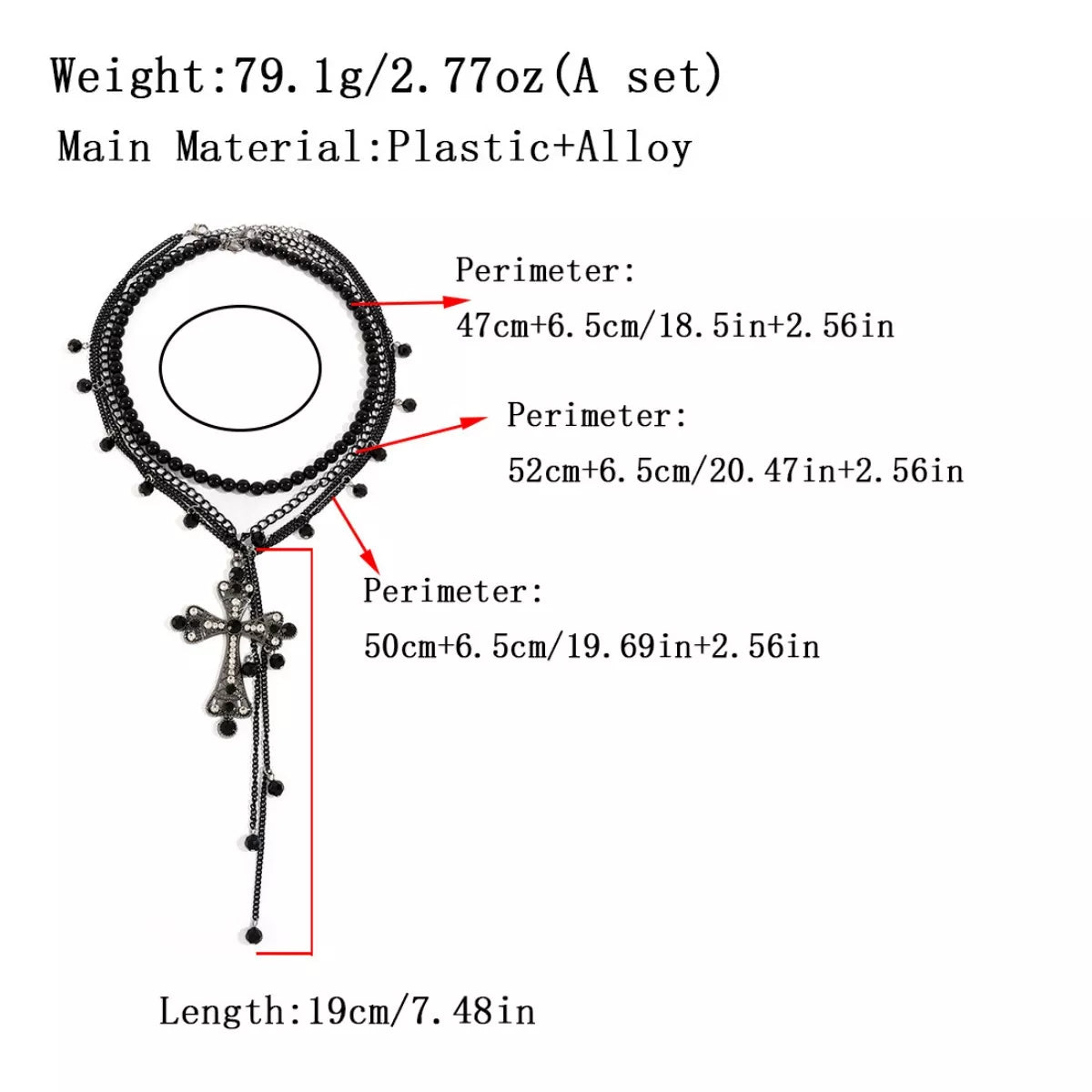 Measurement chart of a bracelet with plastic and alloy material, showing perimeter measurements.