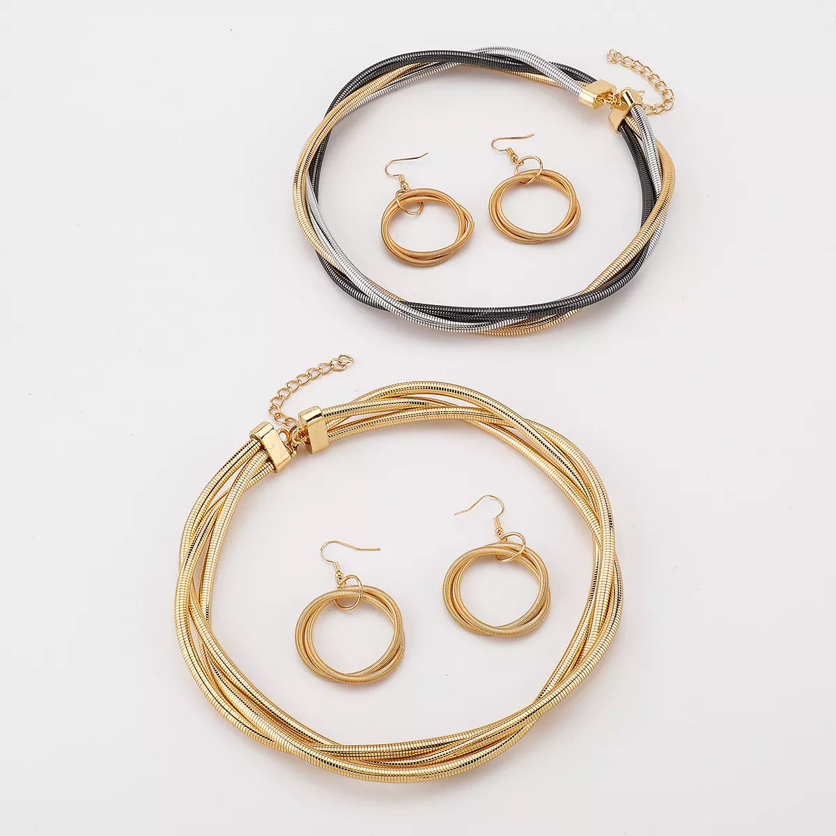 Twisted Metal Earring and Necklace Jewelry Set in Gold and Silver On Whitebackground| Rebellious Gal Jewelry Set