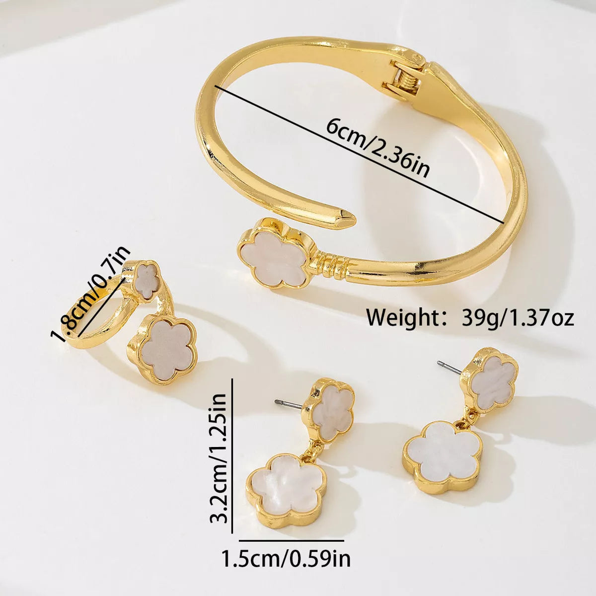 3 Piece Jewelry on Gold Tone With Measurement Earring, Ring and Bracelet | Flower Jewelry Rebellious Gal 
