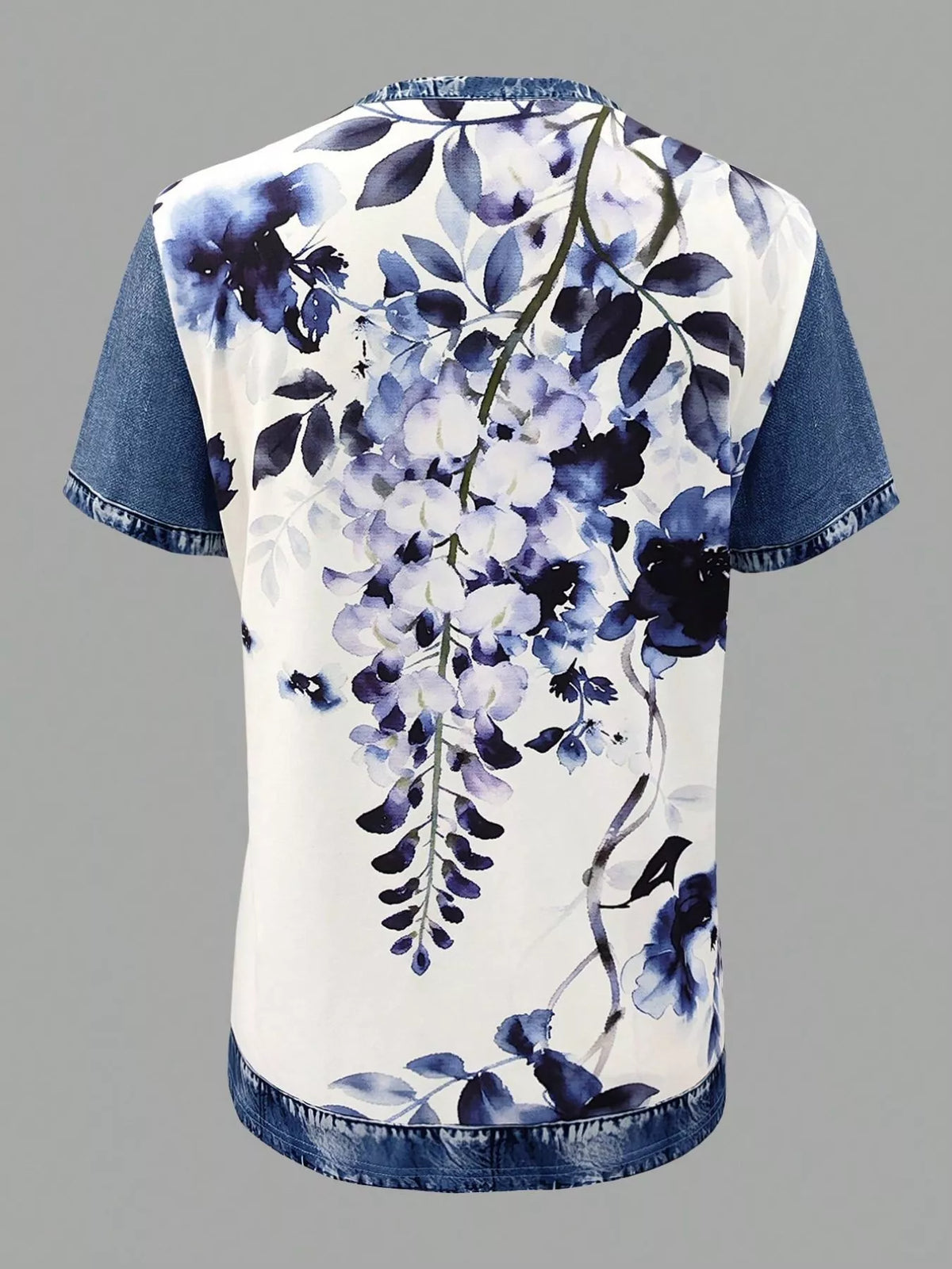 Short-sleeve shirt with floral design on a gray background