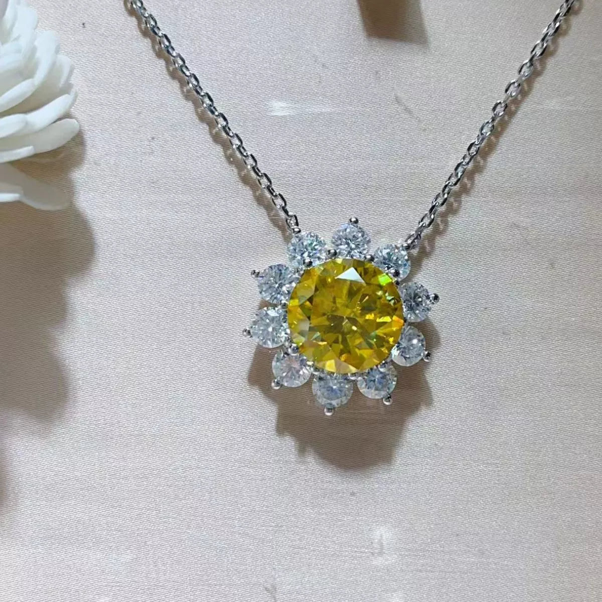 Side profile of 17.7" moissanite pendant necklace showing chain length and pendant drop