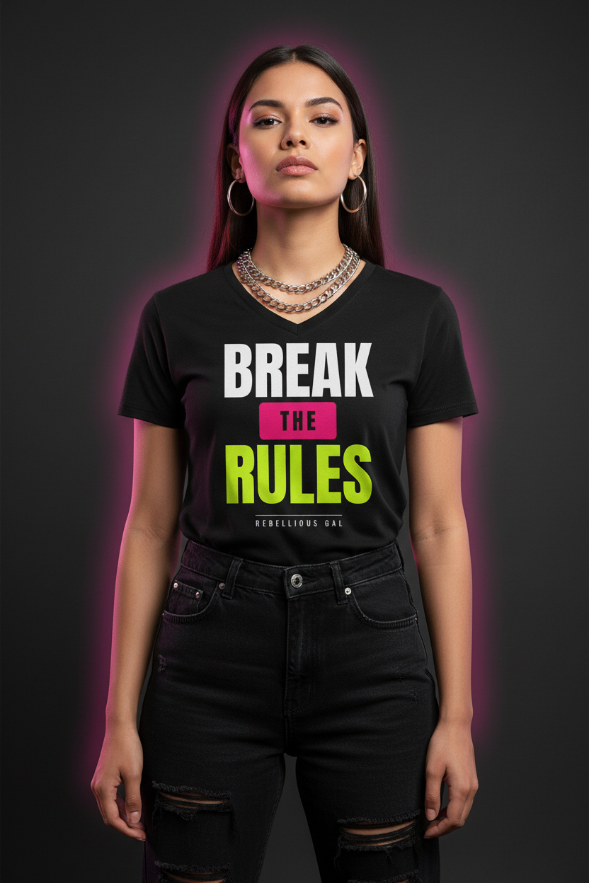 Woman in the black Break the Rules V-neck tee with silver chains and ripped black jeans