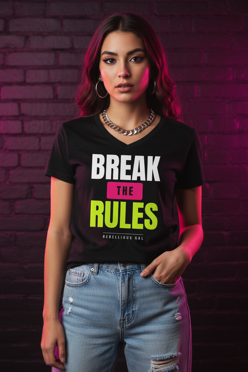 Break the Rules V-neck tee styled with light blue jeans against a pink neon-lit brick wall