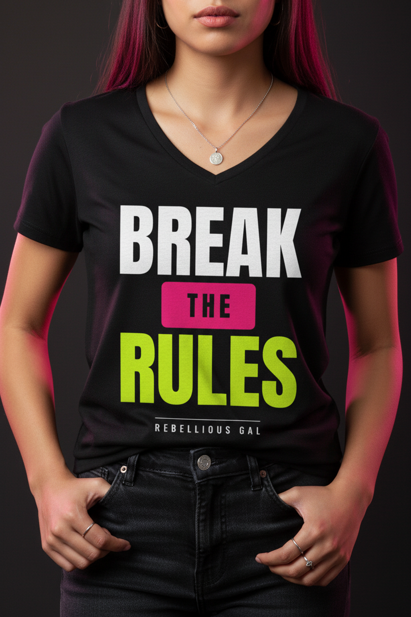 Close-up of the Break the Rules print on the black V-neck tee with a silver pendant