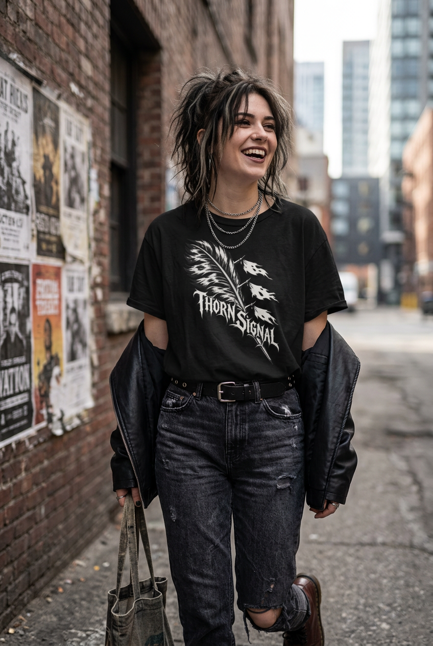 A woman walking down an urban street wearing a black graphic T-shirt with a large white feather design and the text 'THORN SIGNAL', paired with dark jeans, a black leather jacket draped off her shoulders, and layered necklaces.