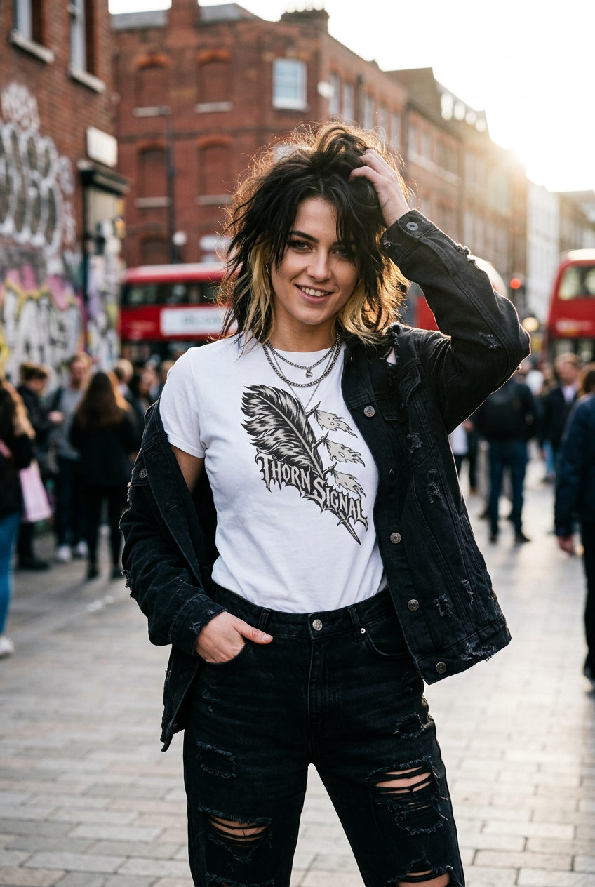 A woman posing on a city street wearing a white graphic t-shirt with a black feather design, a black denim jacket, and distressed black jeans.