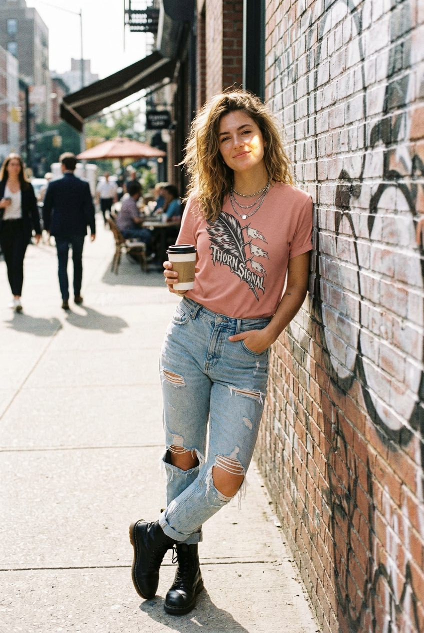 A woman stands on a city sidewalk leaning against a brick wall, wearing a dusty rose graphic T-shirt, light-wash distressed jeans, and black combat boots, while holding a takeaway coffee cup.