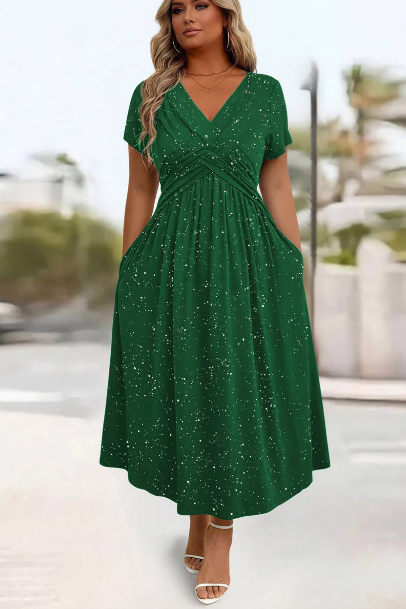 model in green sparkle dress with maxi style 