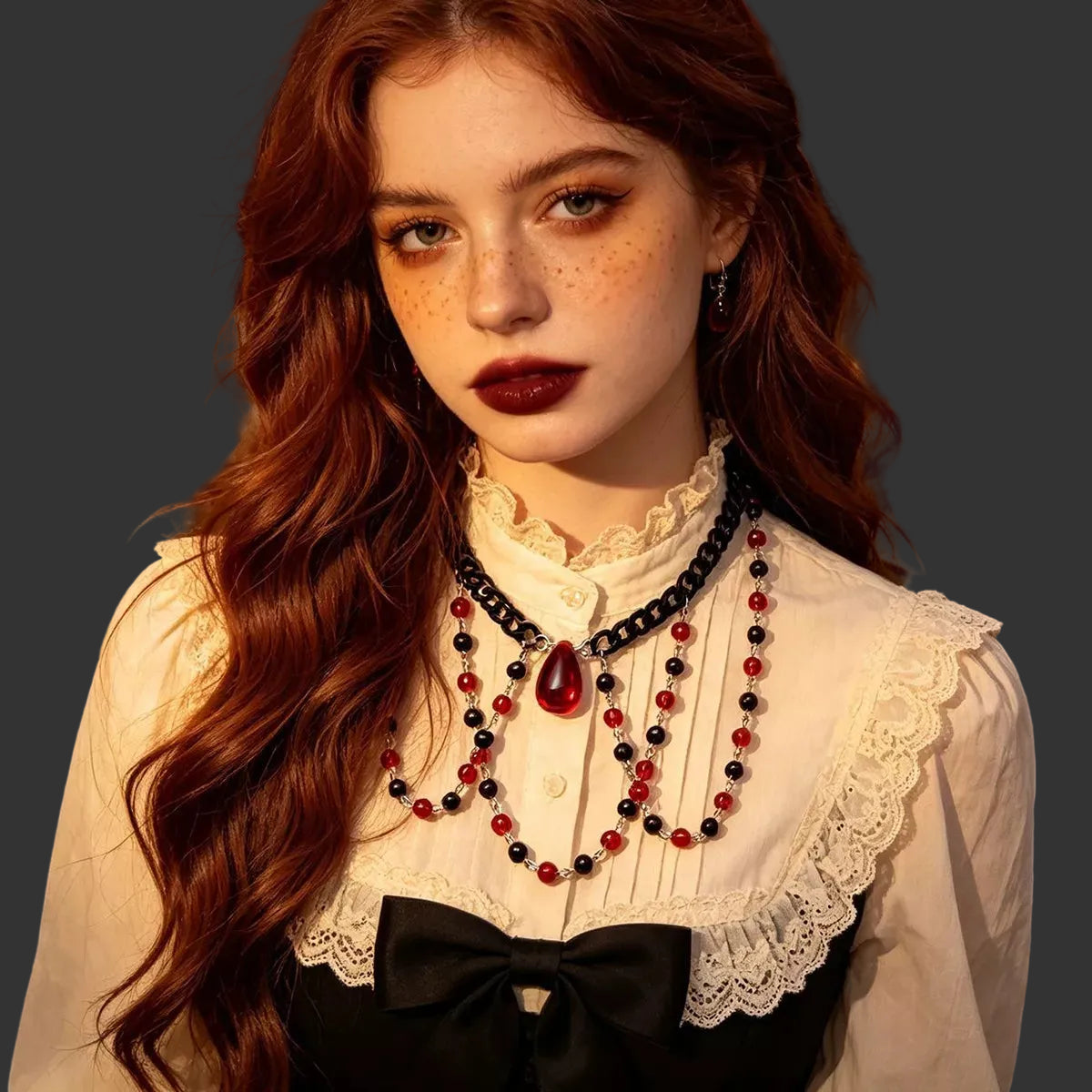 Red and black beaded choker with red teardrop pendant worn with a cream lace blouse