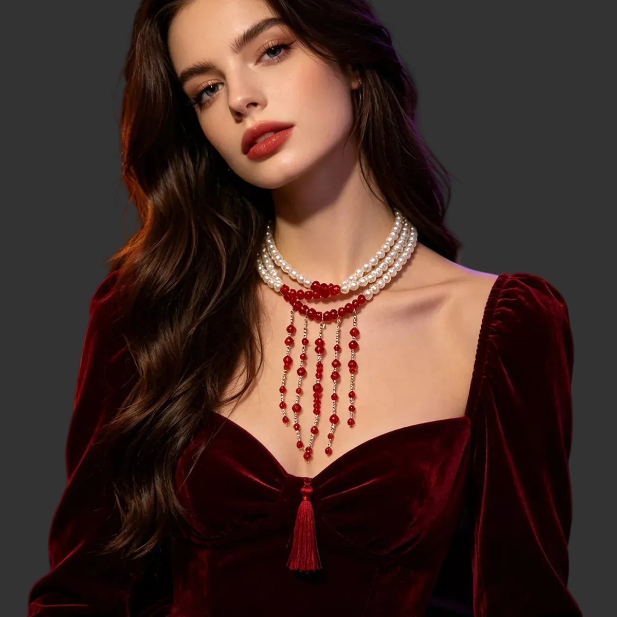 White pearl choker with red beaded fringe worn with a burgundy velvet dress