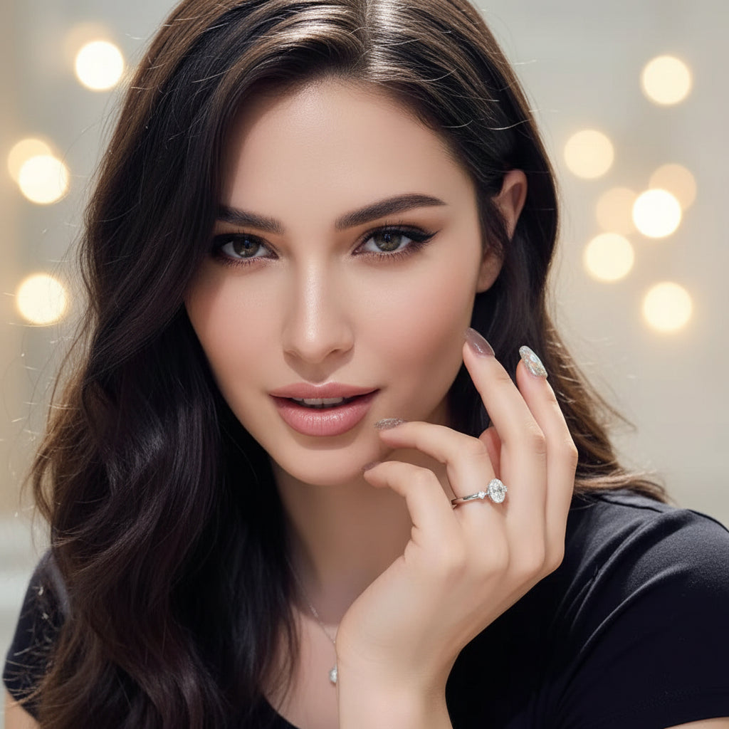 Close-up of a hand wearing multiple diamond rings on a dark background