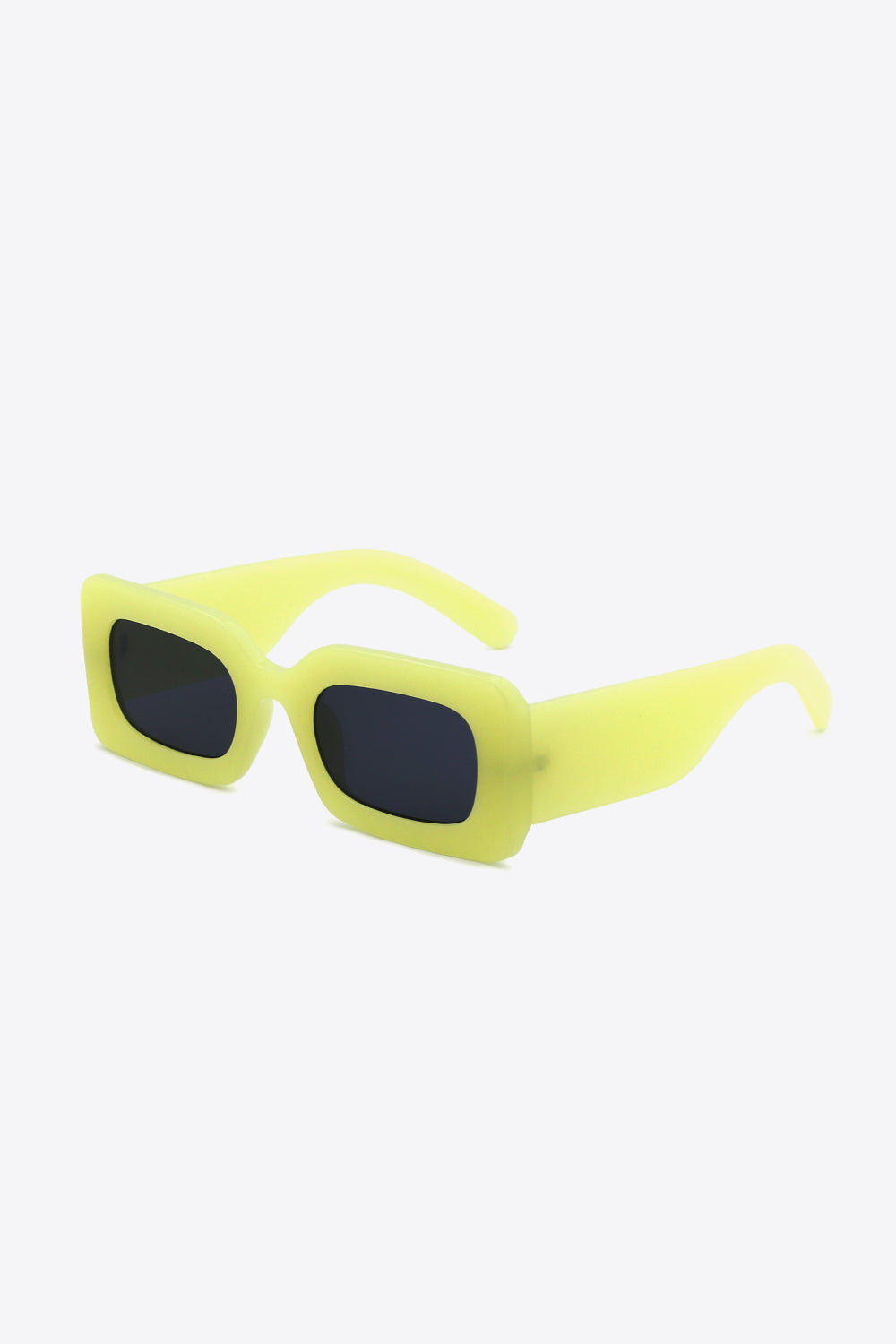Sleek rectangle sunglasses worn by model