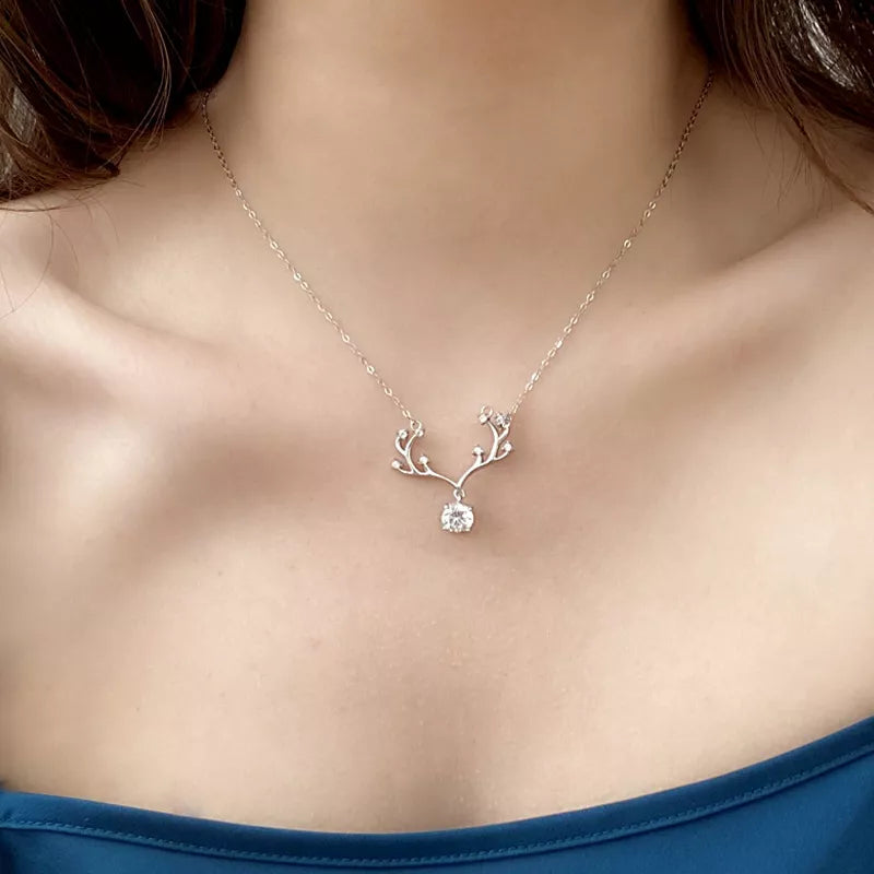 Reindeer Necklace with Diamond Gem Insert Model Neckline - Rebellions Gal 