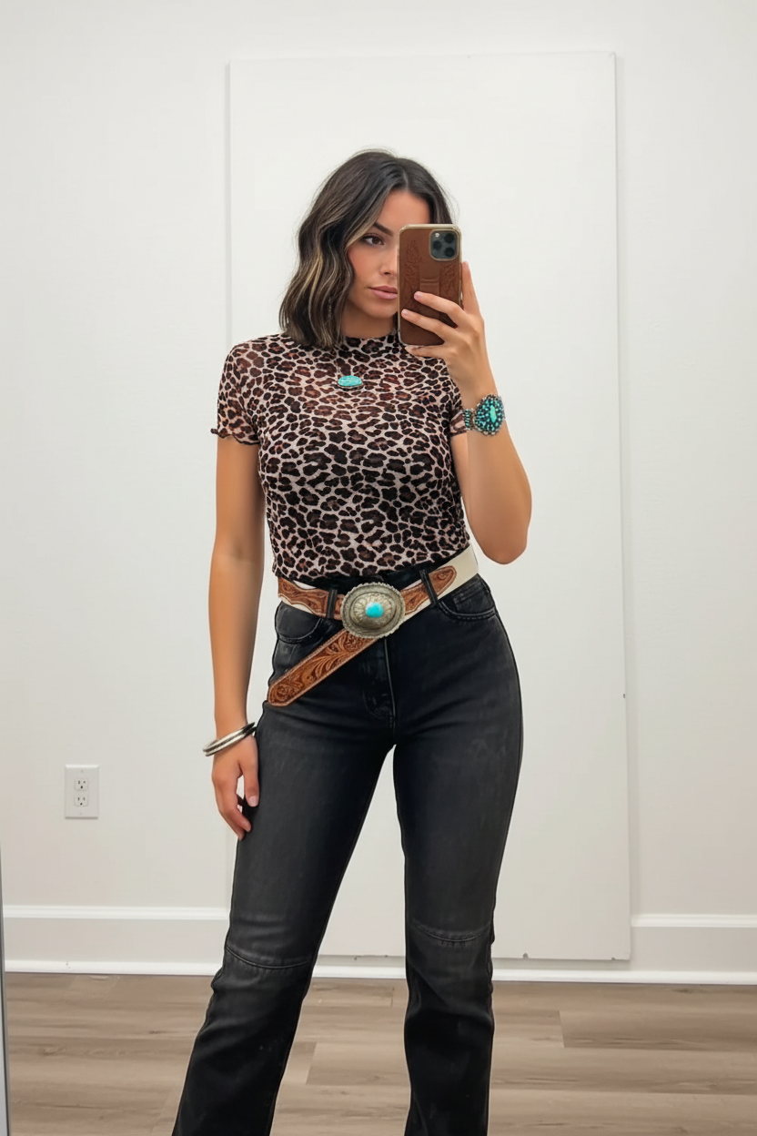 Woman taking a mirror selfie wearing a leopard print top and black pants with a belt.