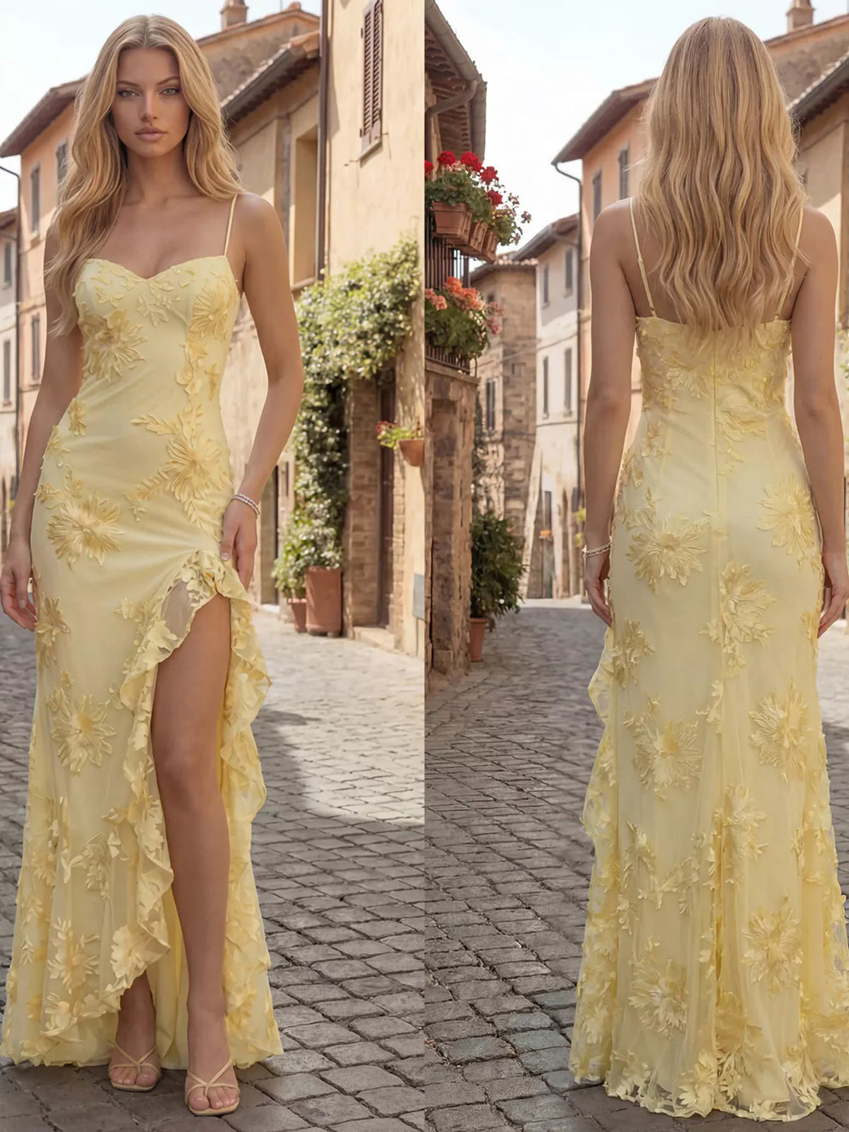 Woman in a yellow lace dress standing on a cobblestone street.