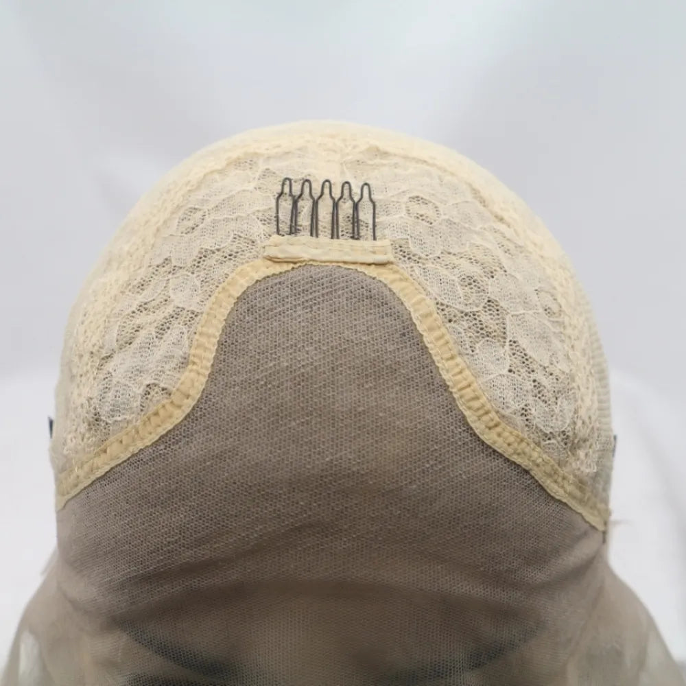 Overhead shot of 12 inch wavy wig with deep side part on mannequin weft