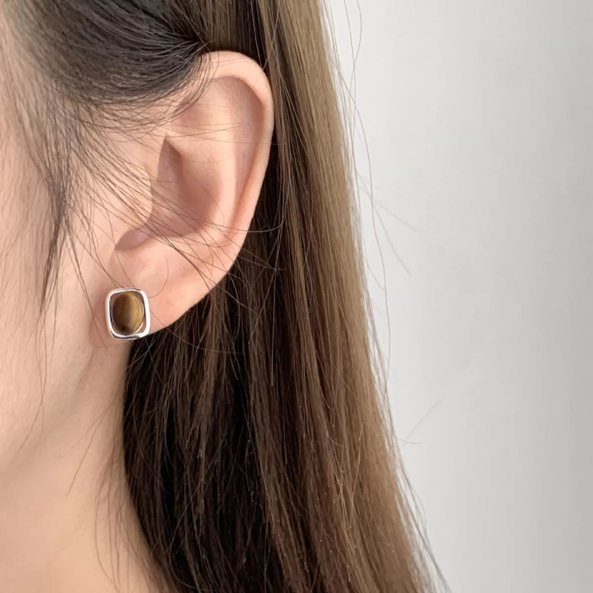 Natural tiger eye square studs 0.4 inch 18K gold plated 925 sterling silver detail shot