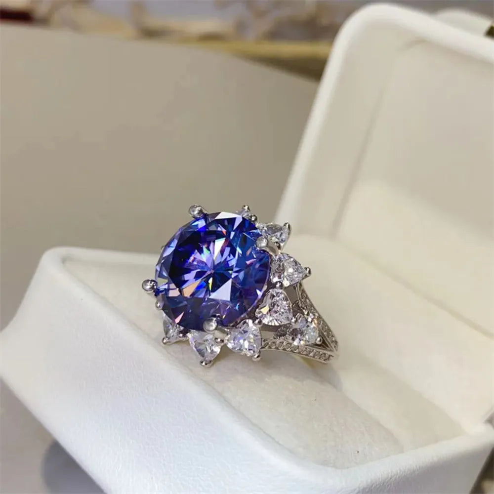 10 Carat Deep Blue Moissanite 925 Silver Luxury Ring Close Up Display | Rebellious Gal Jewelry 