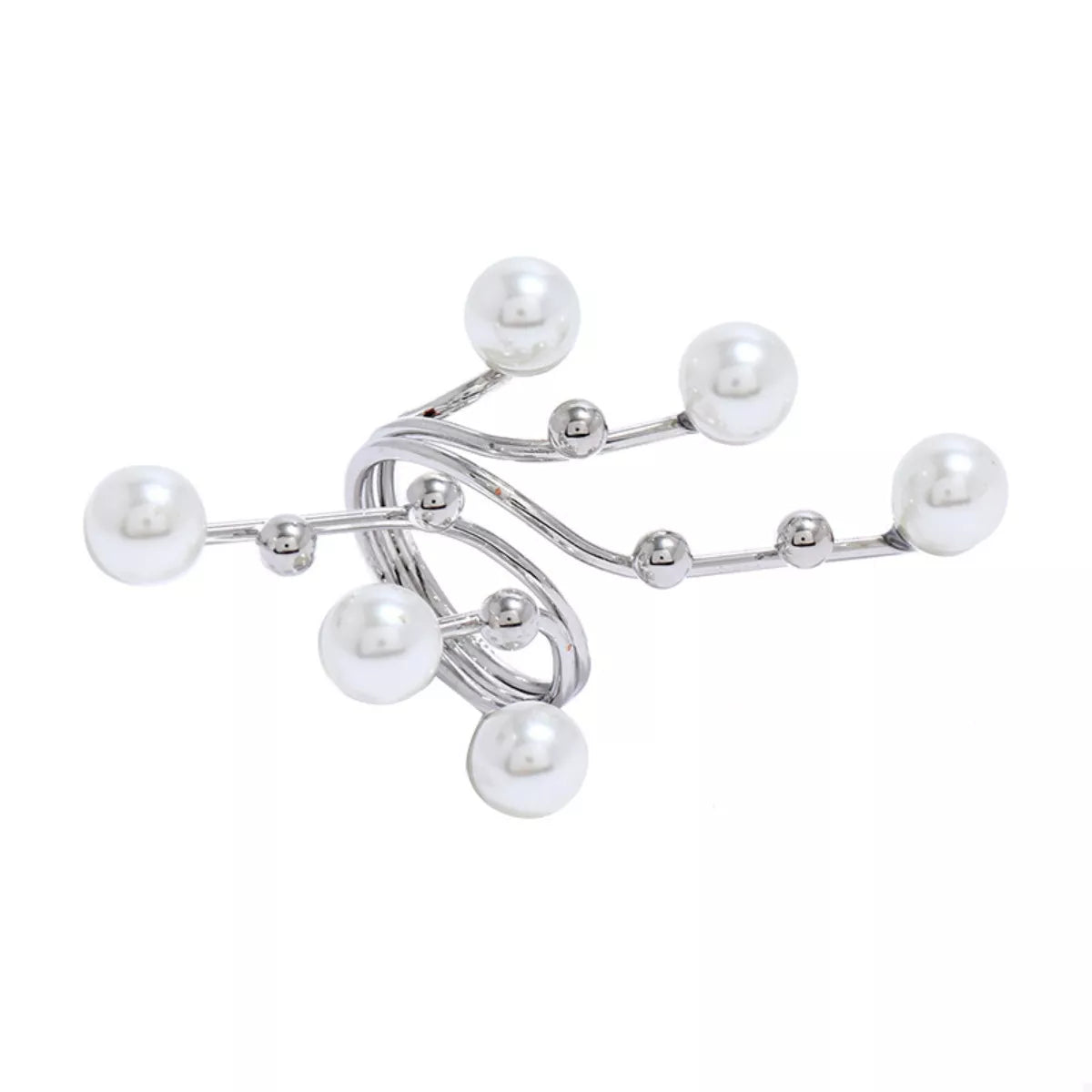 Silver brooch with multiple pearls on a white background