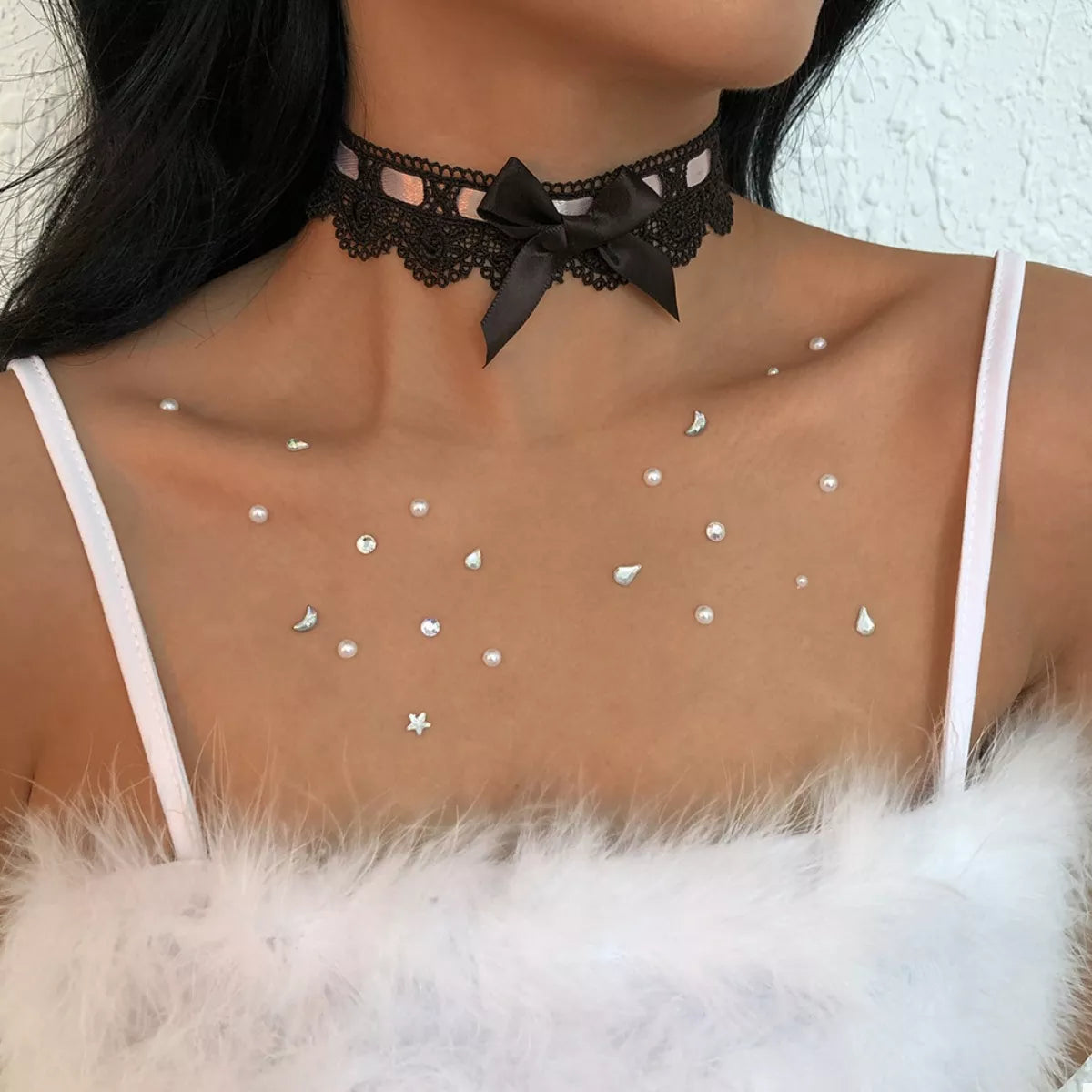Lace Black Bow Tie - Black and White Choker Necklace Front Side View Model - Rebellious Gal