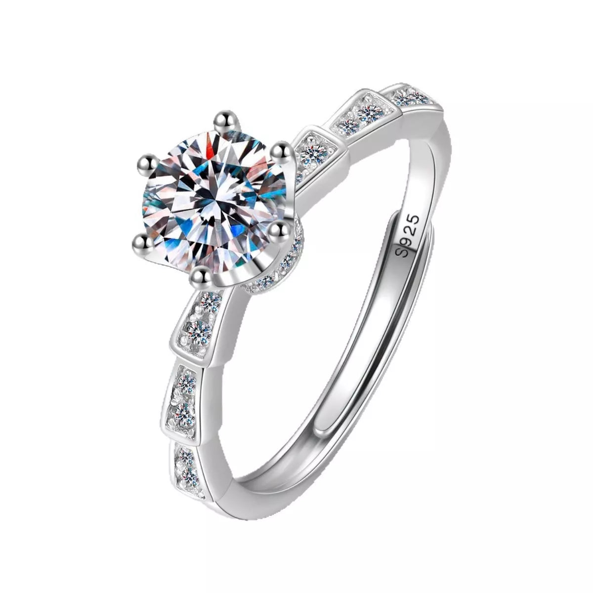 Silver ring with a large gemstone on a white background