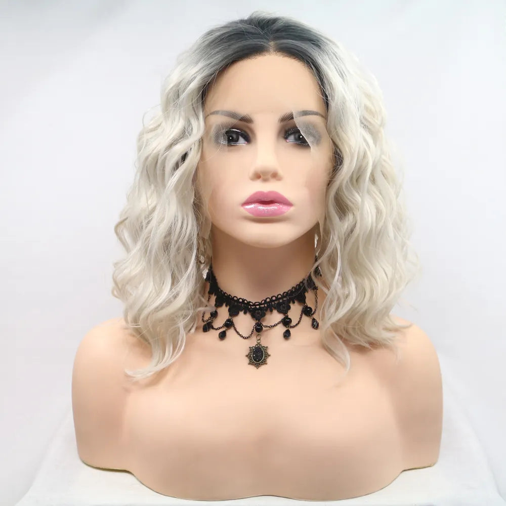 Rebellious Gal 13x3 lace front synthetic mid-length wavy wig 12 inch on studio mannequin