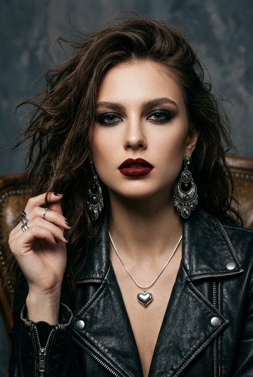 A close-up portrait of a woman with dark hair wearing a black leather jacket, silver heart pendant necklace, and ornate silver earrings, posed against a dark textured background.