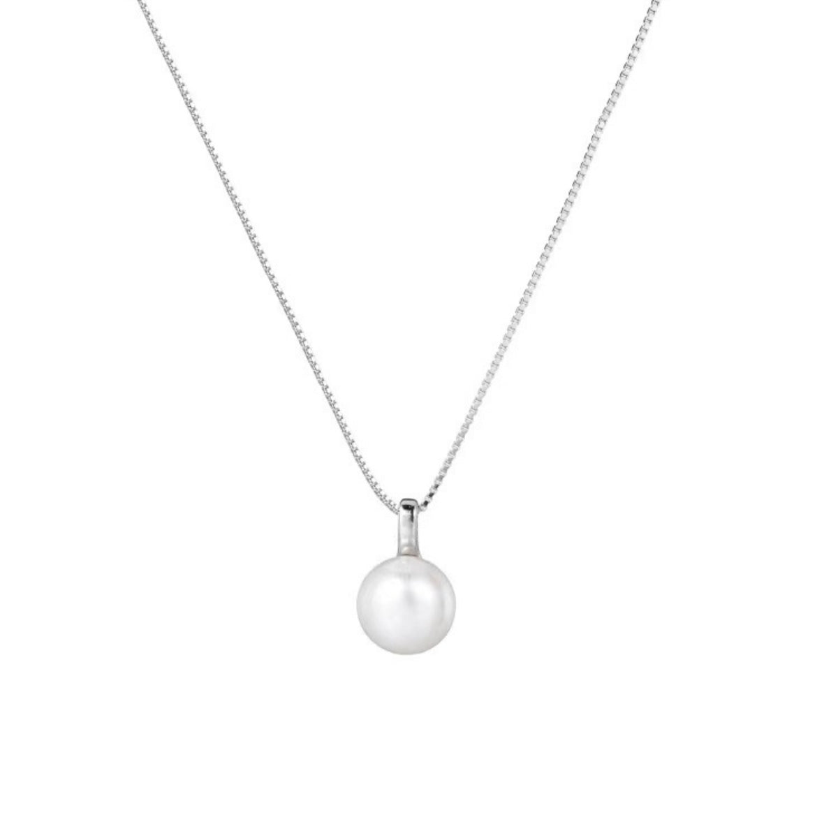 Minimalist freshwater pearl pendant on sterling silver chain side detail full view on white background