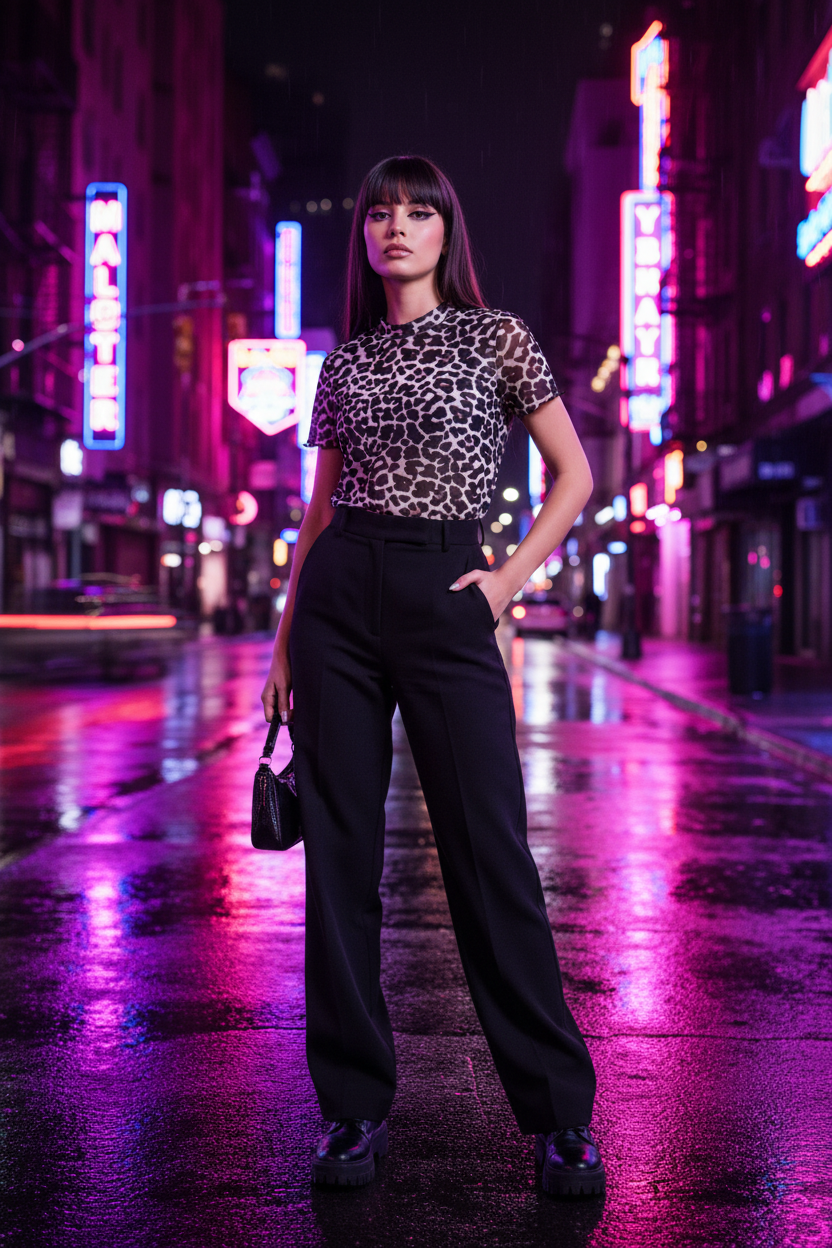 Woman in leopard print top and black pants standing on a neon-lit city street.