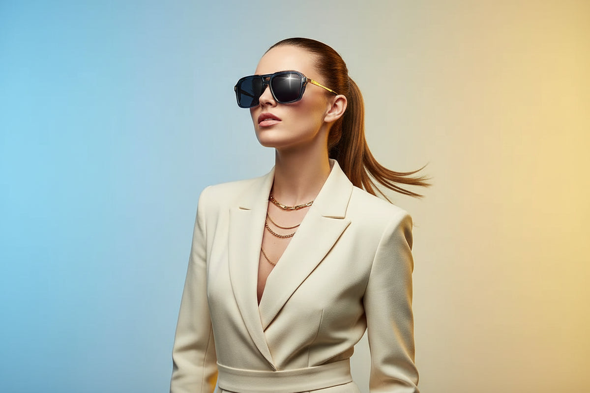 Model in leather jacket rocking bold cat eye sunglasses with confident expression