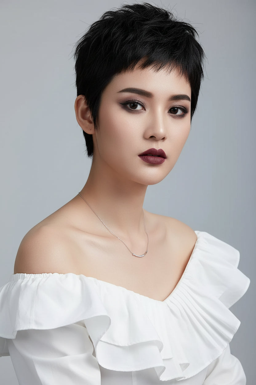 Silver necklace on a model with a white top