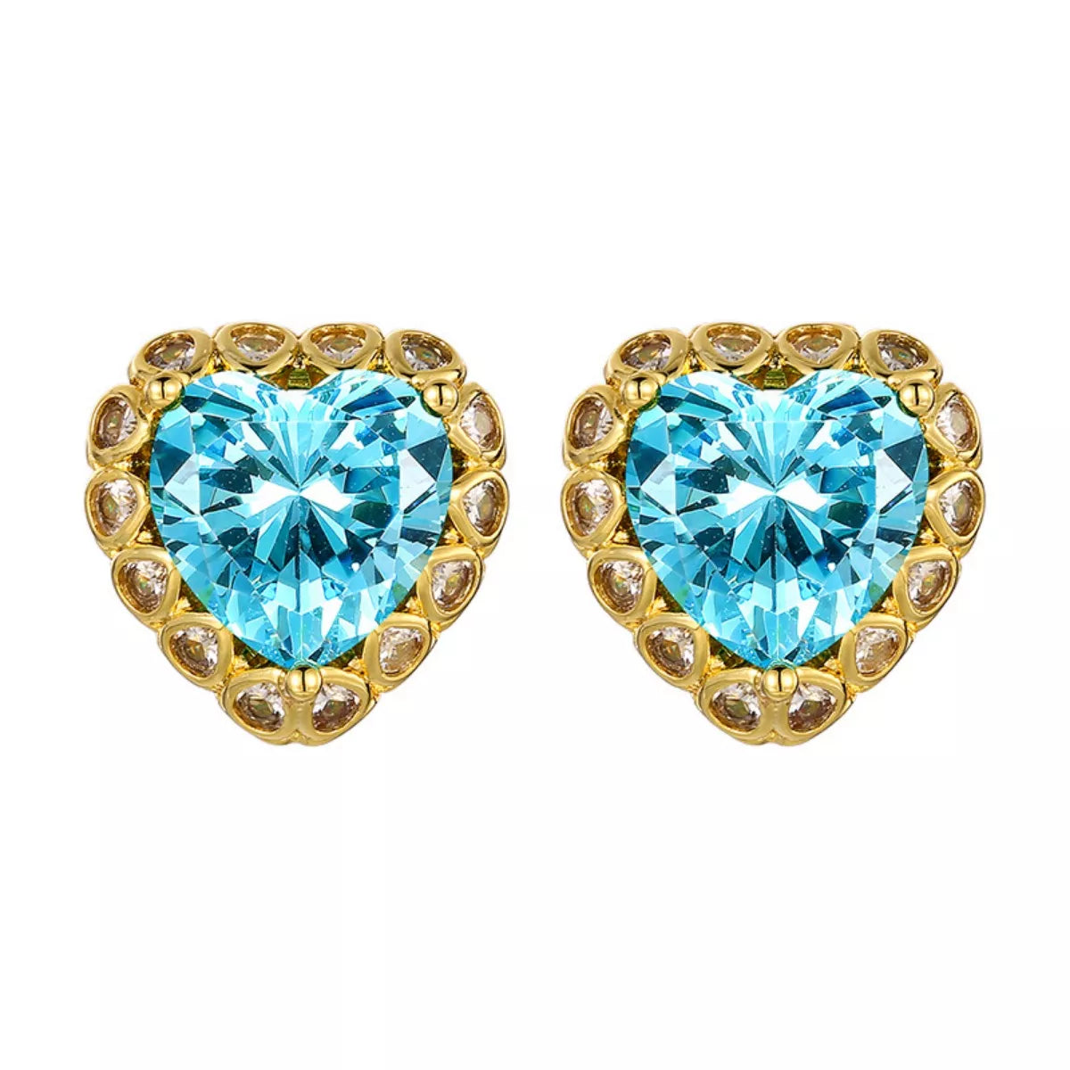 Rebellious Gal zircon heart drop earrings 18K gold plated on white background